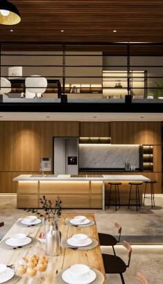 interieur indus 3d rendering. Interior house modern open living space with kitchen.Loft style Duplex residence .Home decoration luxury interior-exterior design.Outdoor terrace with swimming pool.